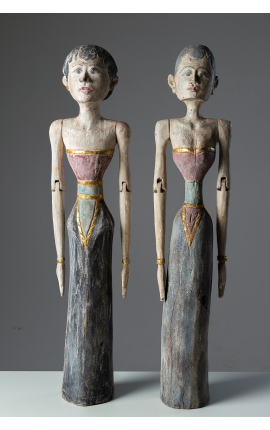 Art OCEANIEN - Indonésie BALI - Statuette Javanaise - Sculpture en bois couple Loro Blonyo articulé.